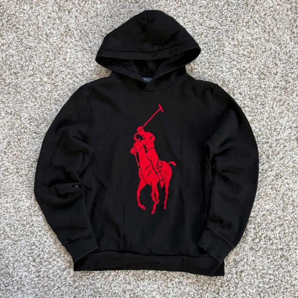 Polo Ralph Lauren Big Pony Hoodie Sweatshirt Black Red Pullover Fleece Mens